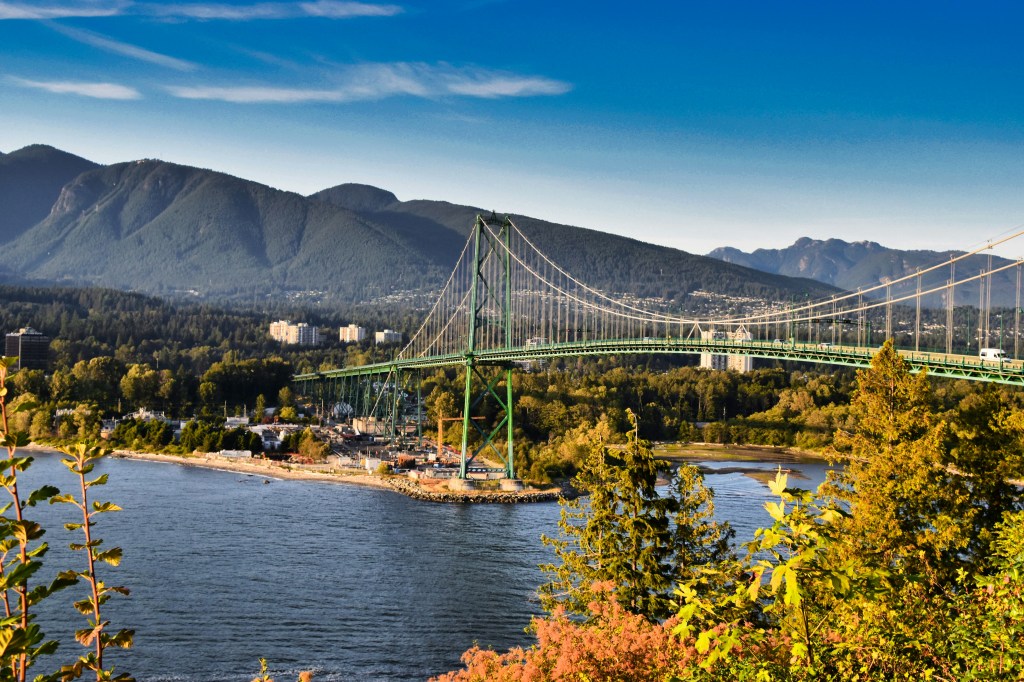 A view of a green suspension bridge spanning over a river, surrounded by mountains and trees under a clear blue sky.