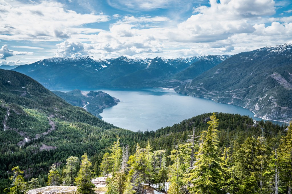 A panoramic view of a tranquil lake surrounded by lush green forests and snow-capped mountains under a partly cloudy sky.